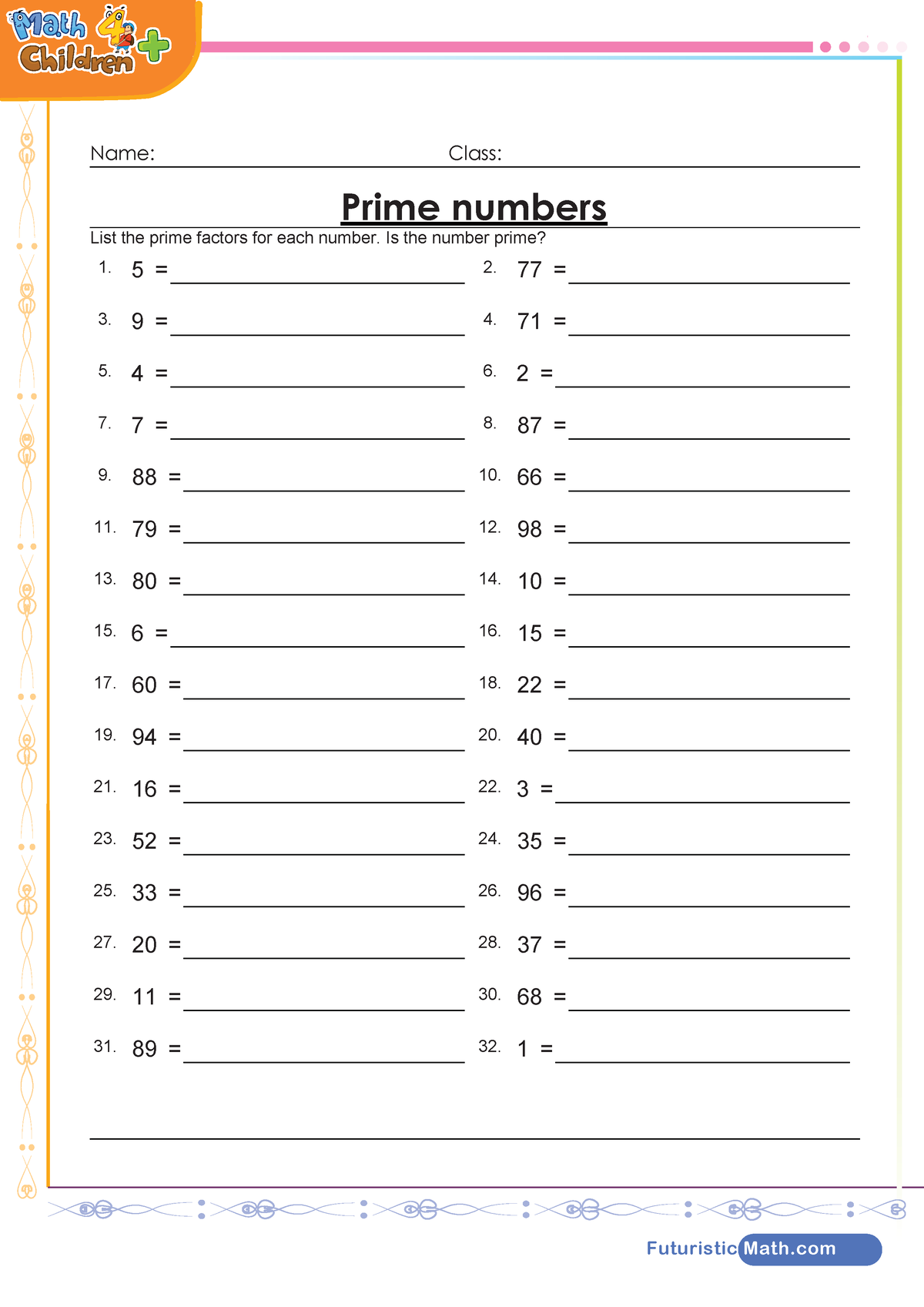 Prime-numbers-worksheet - Futuristic Math Name: Class : Prime numbers ...