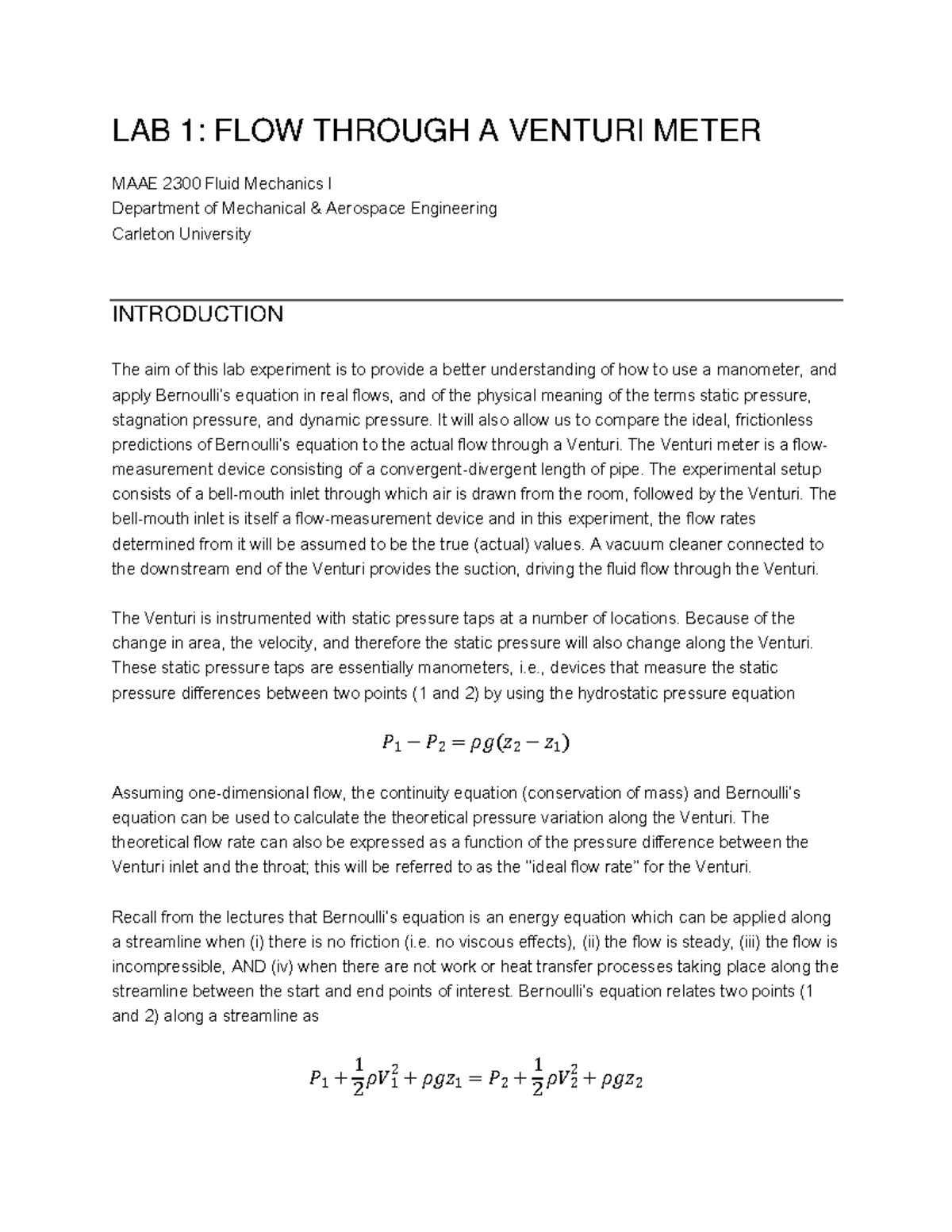 Lab 1 Manual Venturi Meter LAB 1 FLOW THROUGH A VENTURI METER MAAE 2300 Fluid Mechanics I