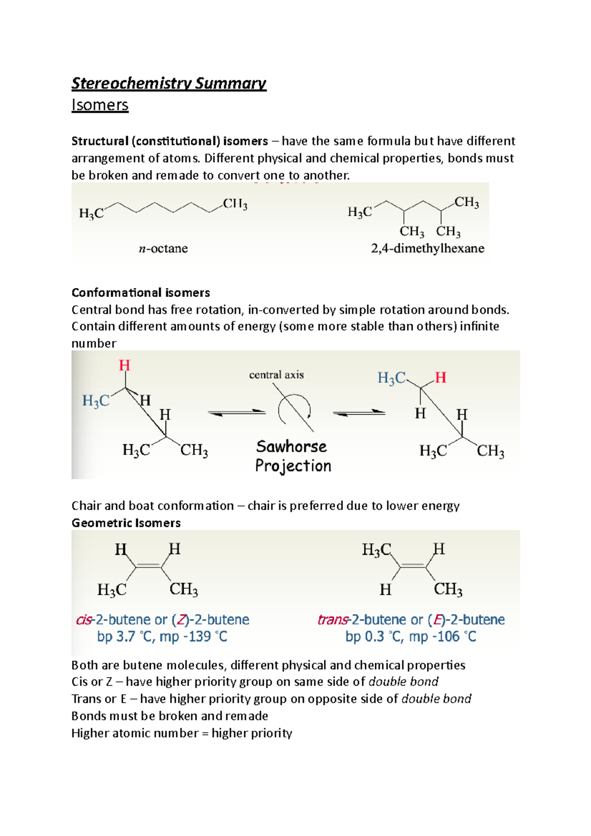 Stereochem Summary - Stereochemistry Summary Isomers Structural ...