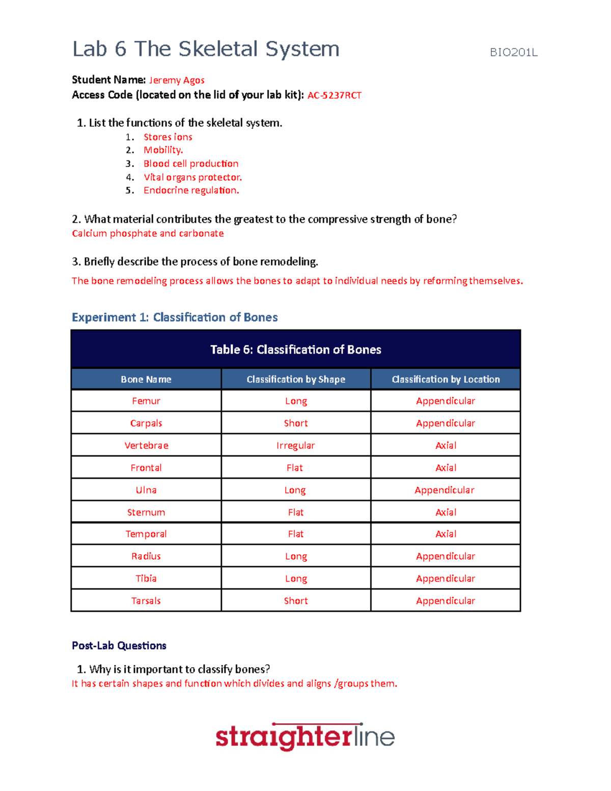 BIO201 Lab 6 Biology Lab Student Name Jeremy Agos Access Code