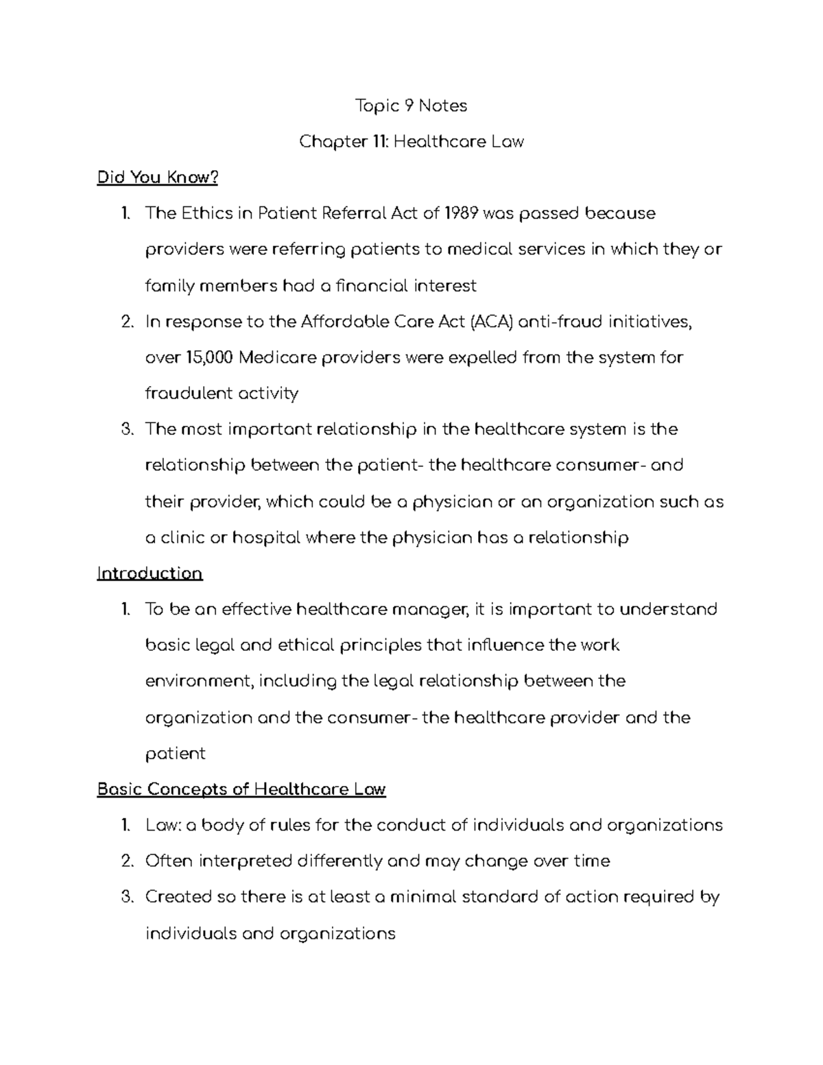 Healthcare Law Health Care Systems Topic 9 Notes Chapter 11