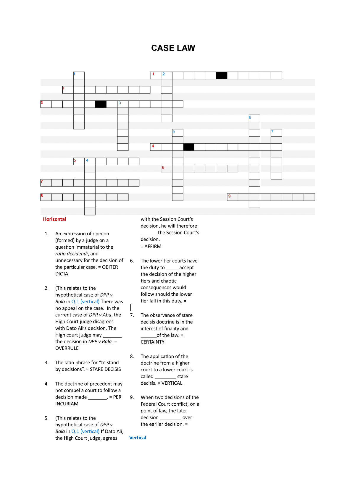 Tutorial 6 Crossword puzzle CASE LAW Horizontal An expression of