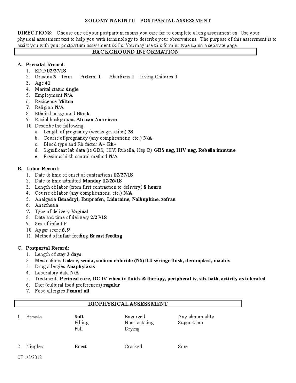 Postpartum Long Assessment Nu Solomy Nakintu Postpartal Assessment Directions Choose One Of Your Postpartum Moms You Care For To Complete Long Assessment On Studocu