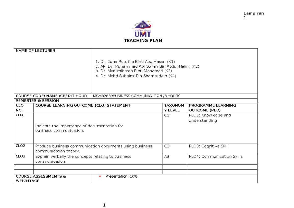 Teaching PLAN MGM3283 2024 - TEACHING PLAN NAME OF LECTURER 1. Dr. Zuha ...