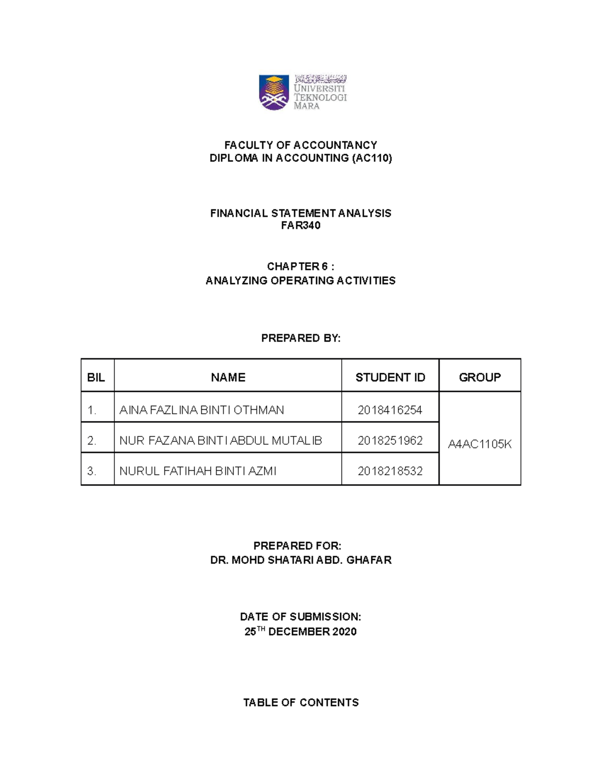 Assignment on Chapter 6 - FACULTY OF ACCOUNTANCY DIPLOMA IN ACCOUNTING ...