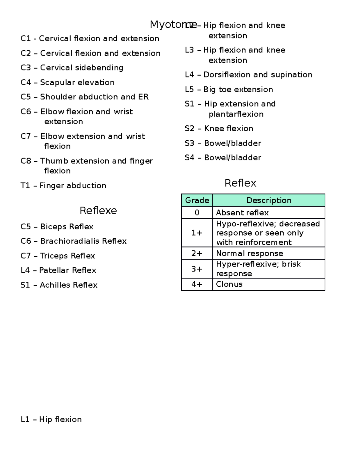 Myotomes List