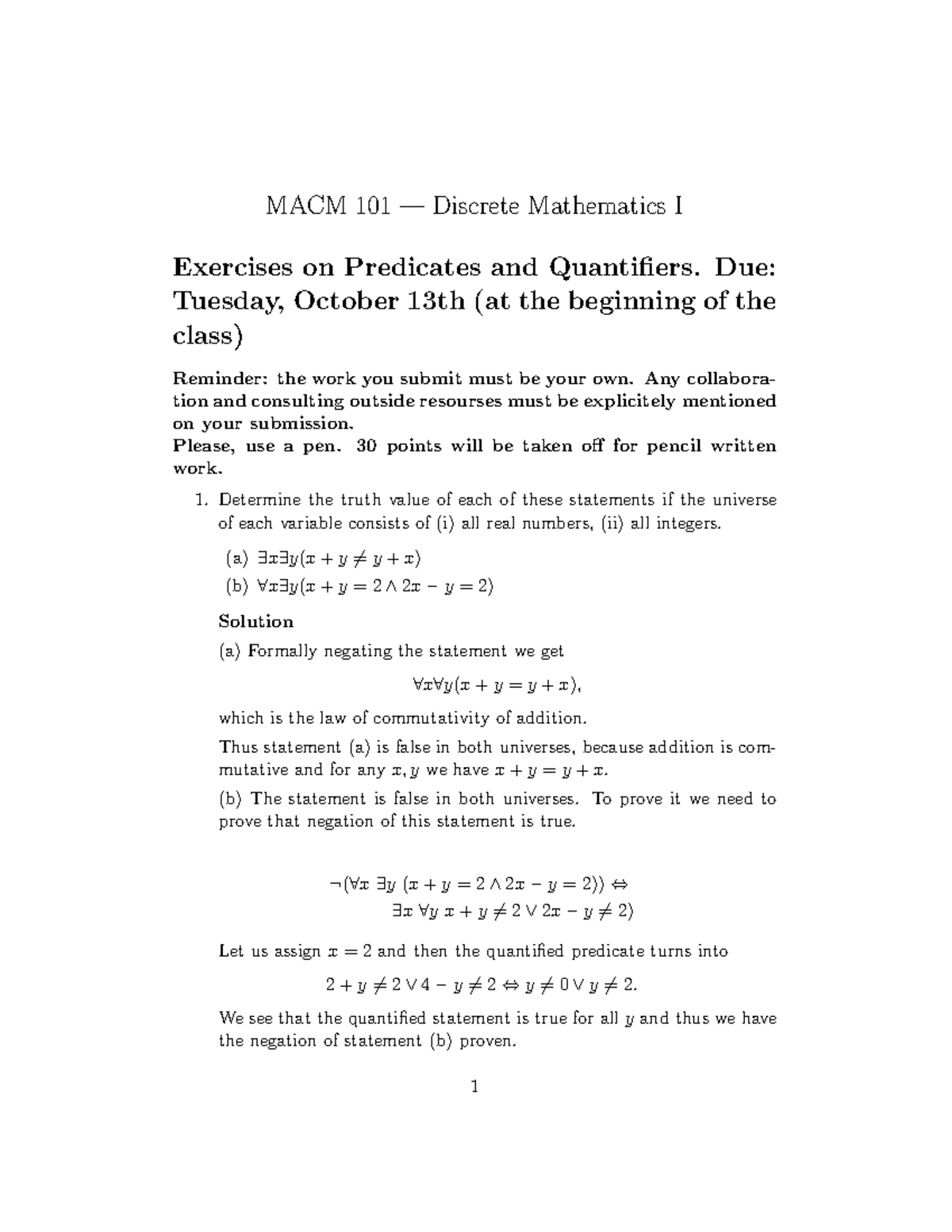 Assignment 2 solutions - MACM 101 — Discrete Mathematics I Exercises on ...