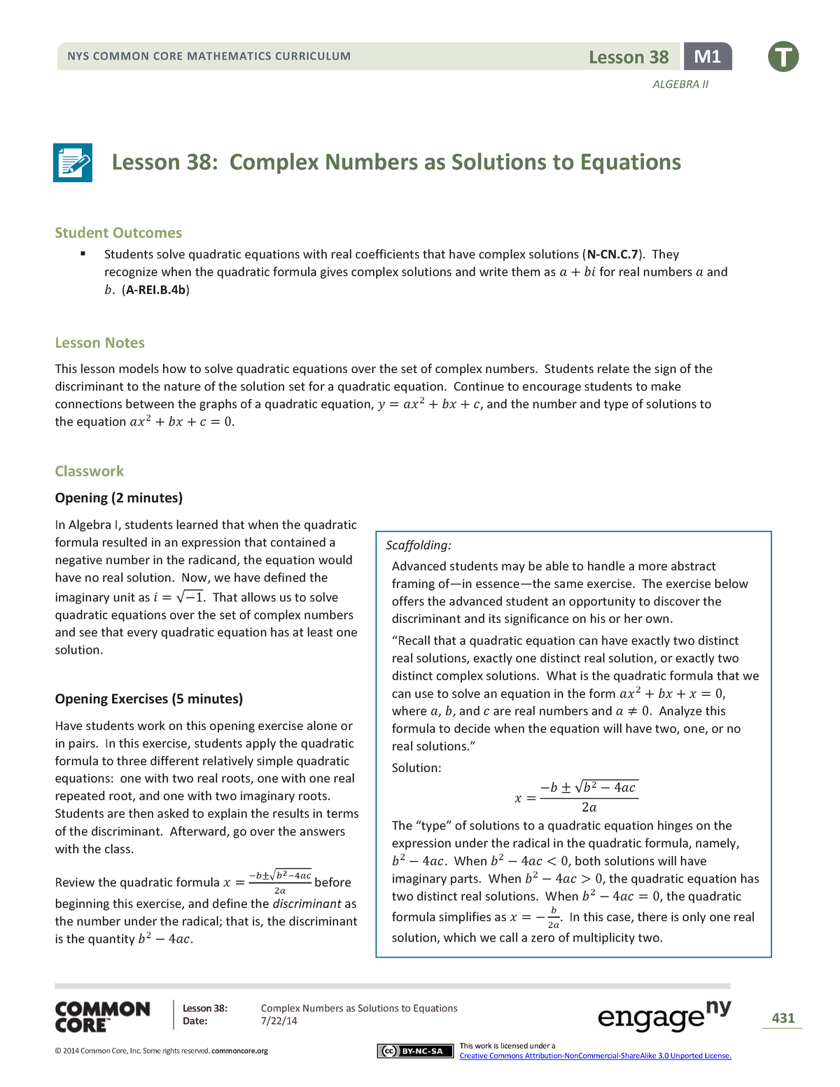 Algebra Ii M1 Topic D Lesson 38 Teacher - ALGEBRA II Lesson 38: Complex ...