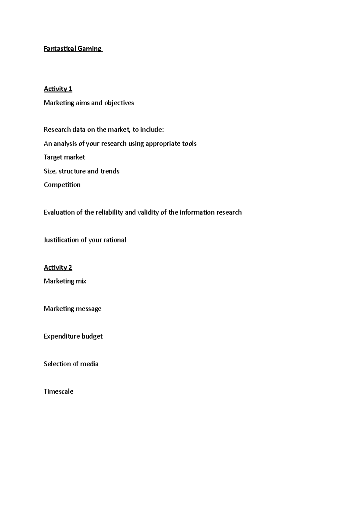 Fantastical Gaming unit 2 Fantastical Gaming Activity 1 Marketing