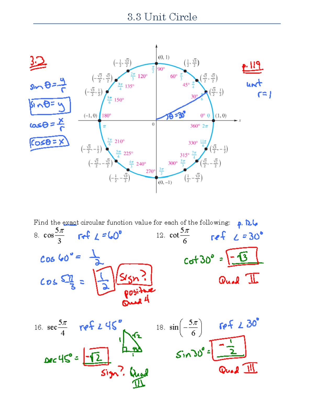 Pre cal circle - MATH 1113 - 3 Unit Circle Find the exact circular ...