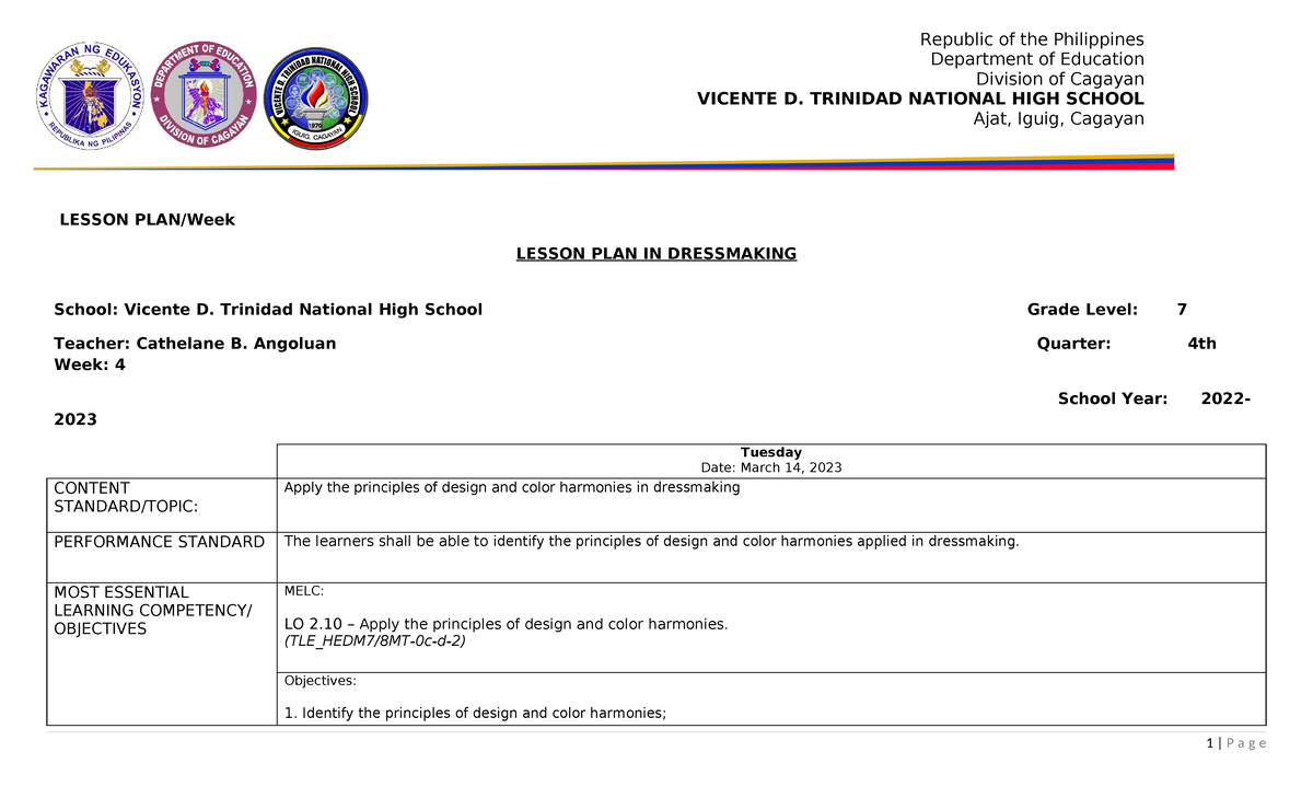 Cot 1 lesson plan - dressmaking - Republic of the Philippines ...