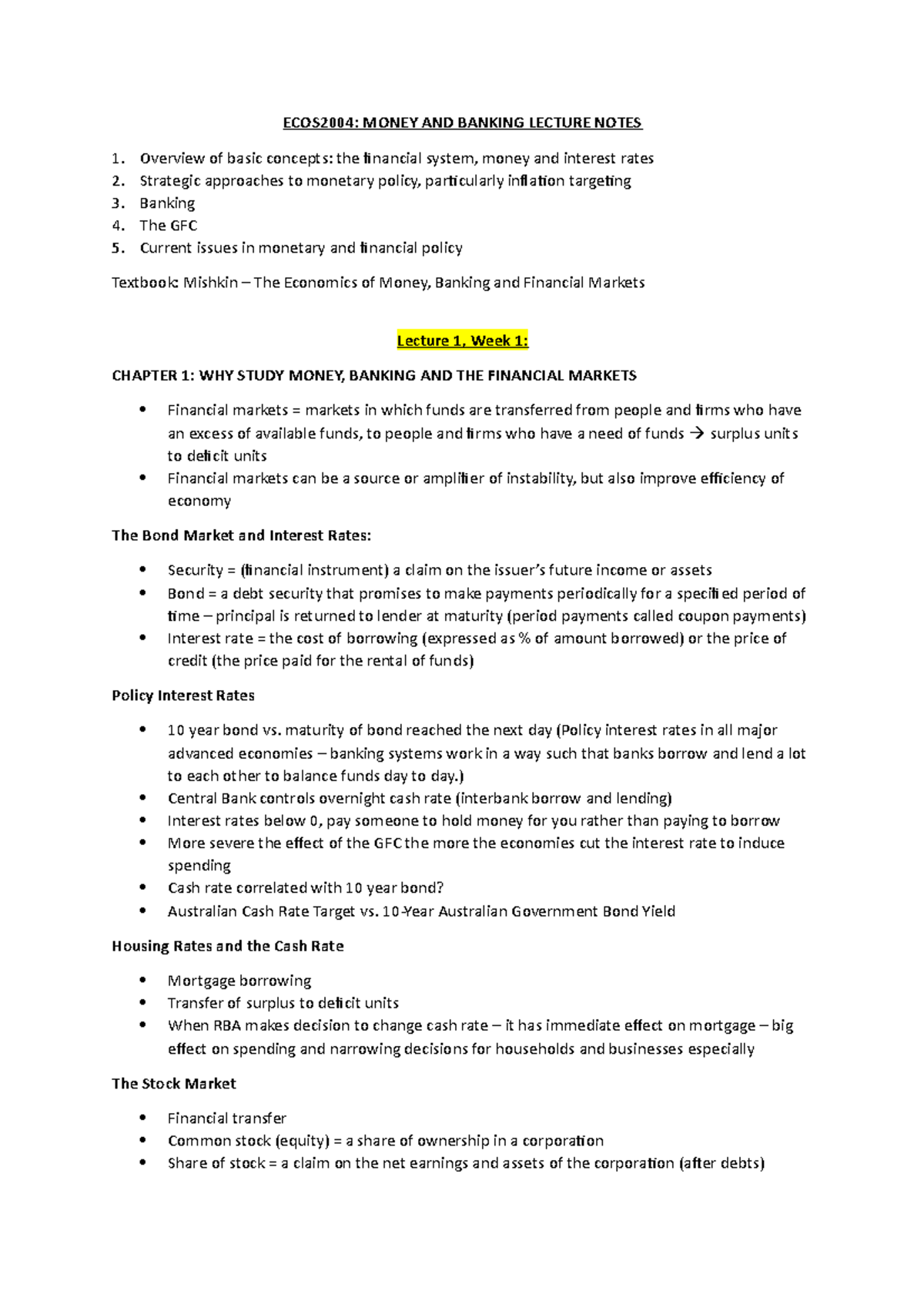 ECOS2004 Lecture Notes ECOS2004 MONEY AND BANKING LECTURE NOTES