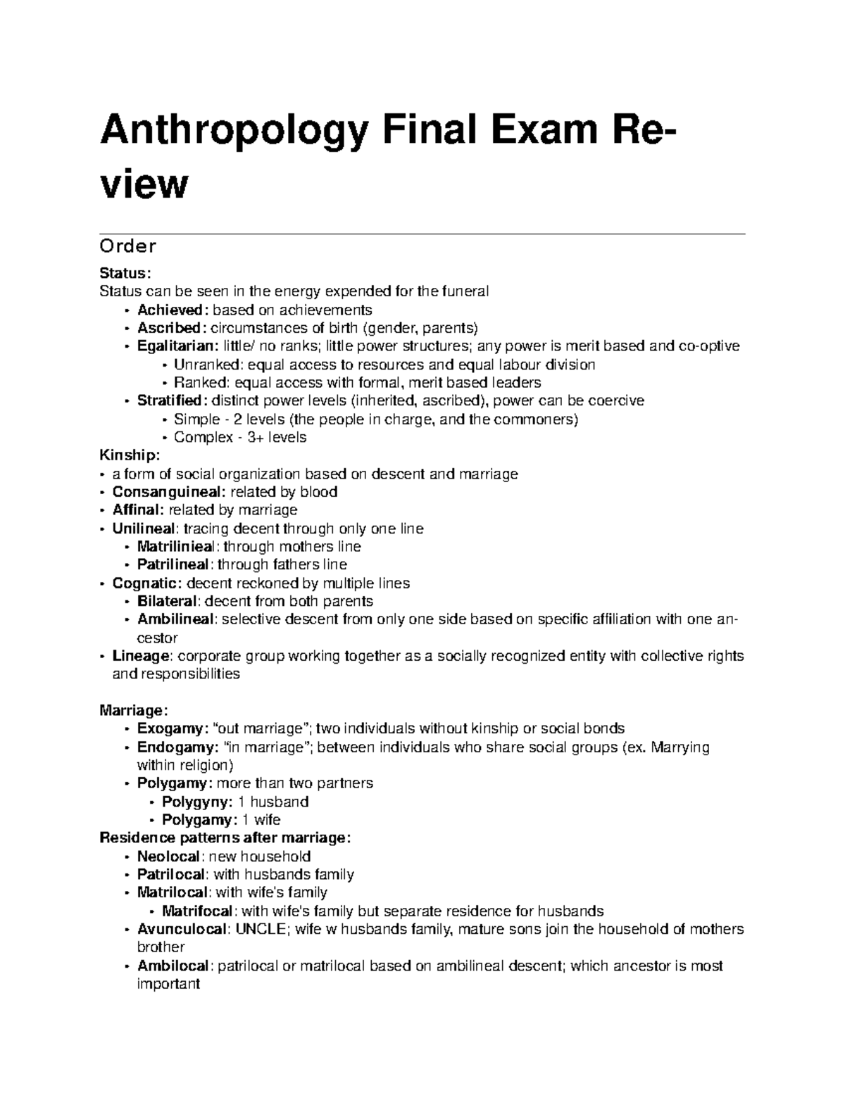 Anthropology Final Exam Review - Anthropology Final Exam Re- View Order 