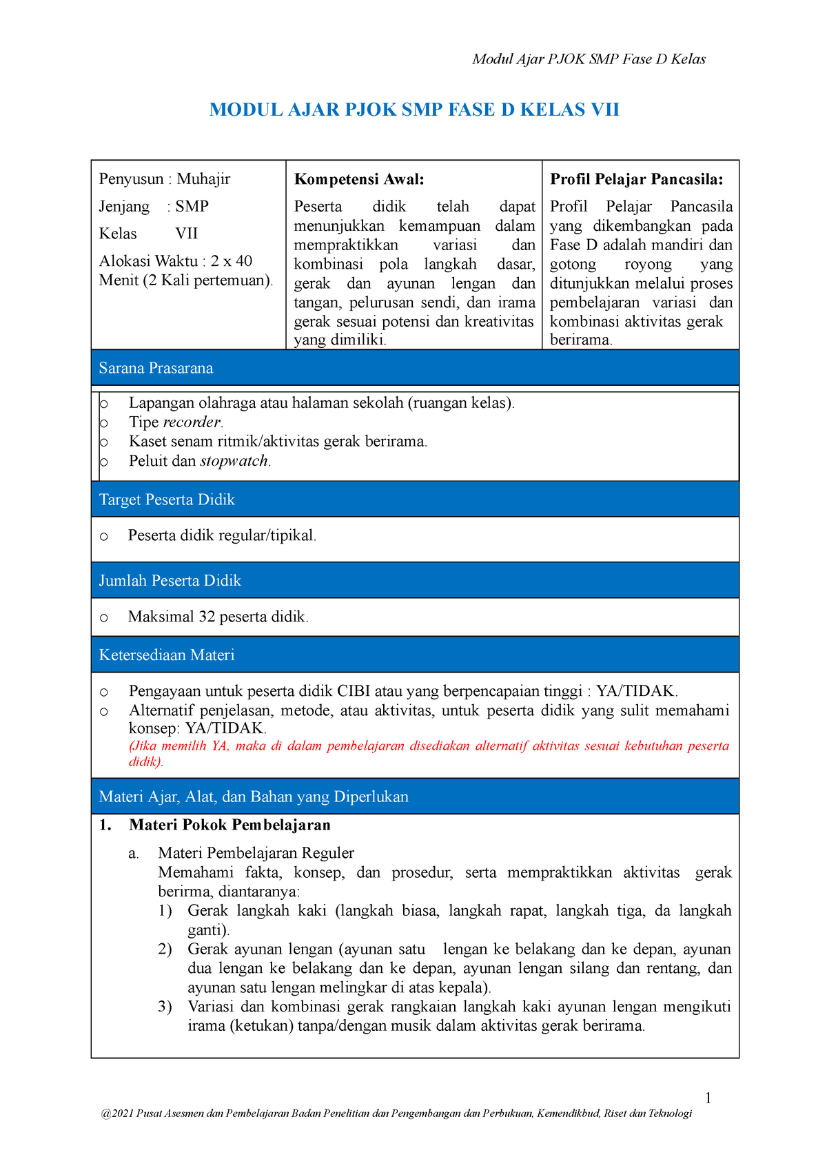 Modul Ajar Pjok Aktivitas Gerak Kls 7 - Modul Ajar PJOK SMP Fase D ...