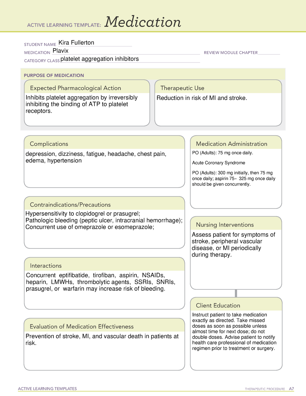 MED Plavix ACTIVE LEARNING TEMPLATES THERAPEUTIC PROCEDURE A
