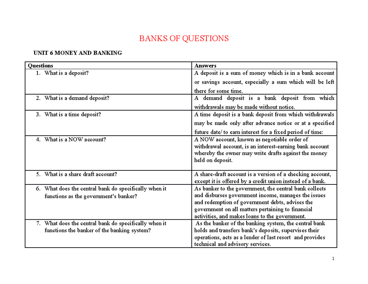 BanksOF Questions notes BANKS OF QUESTIONS UNIT 6 MONEY AND