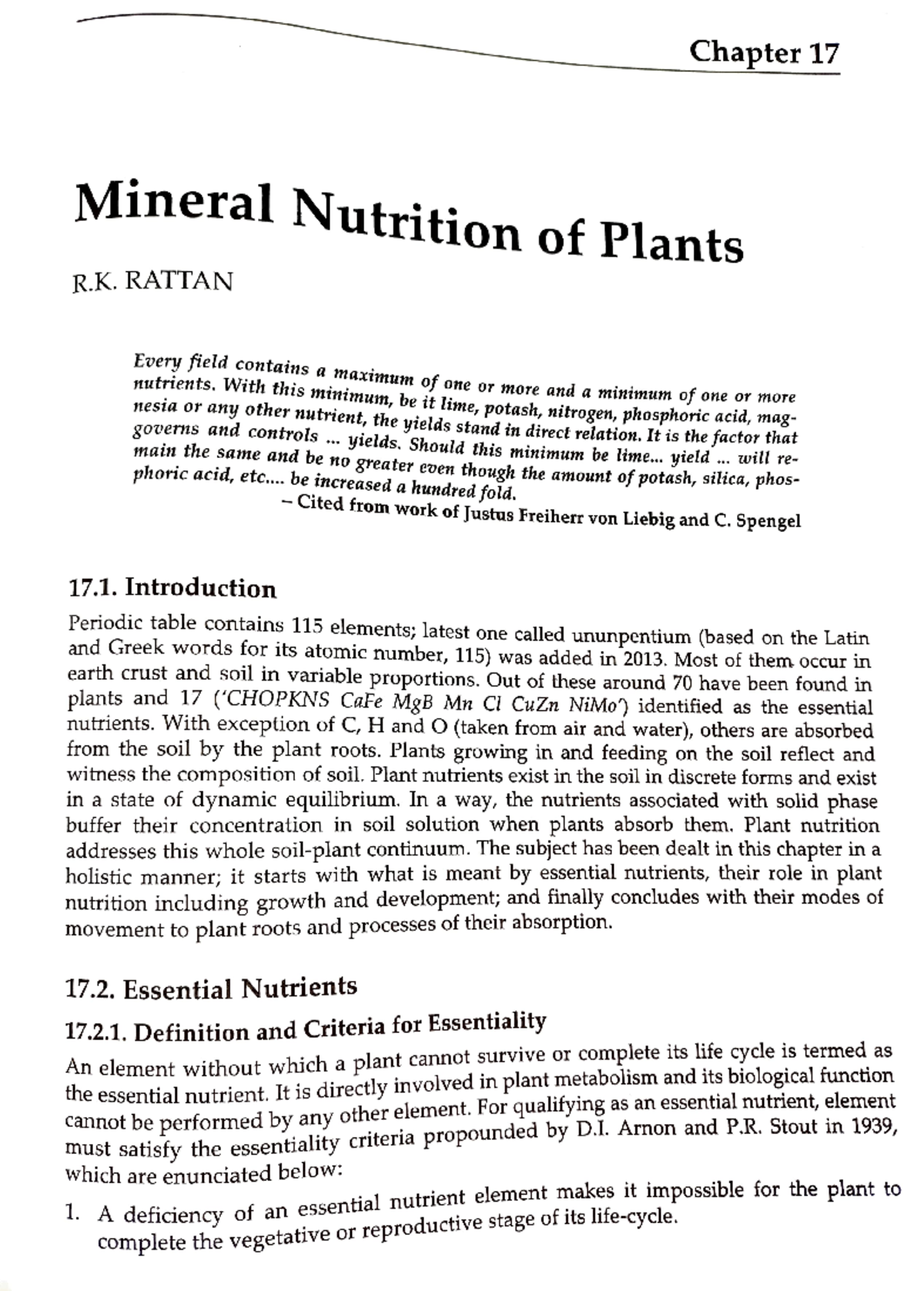Essential nutrients Chapter 17 Mineral Nutrition of Plants R. RATTAN