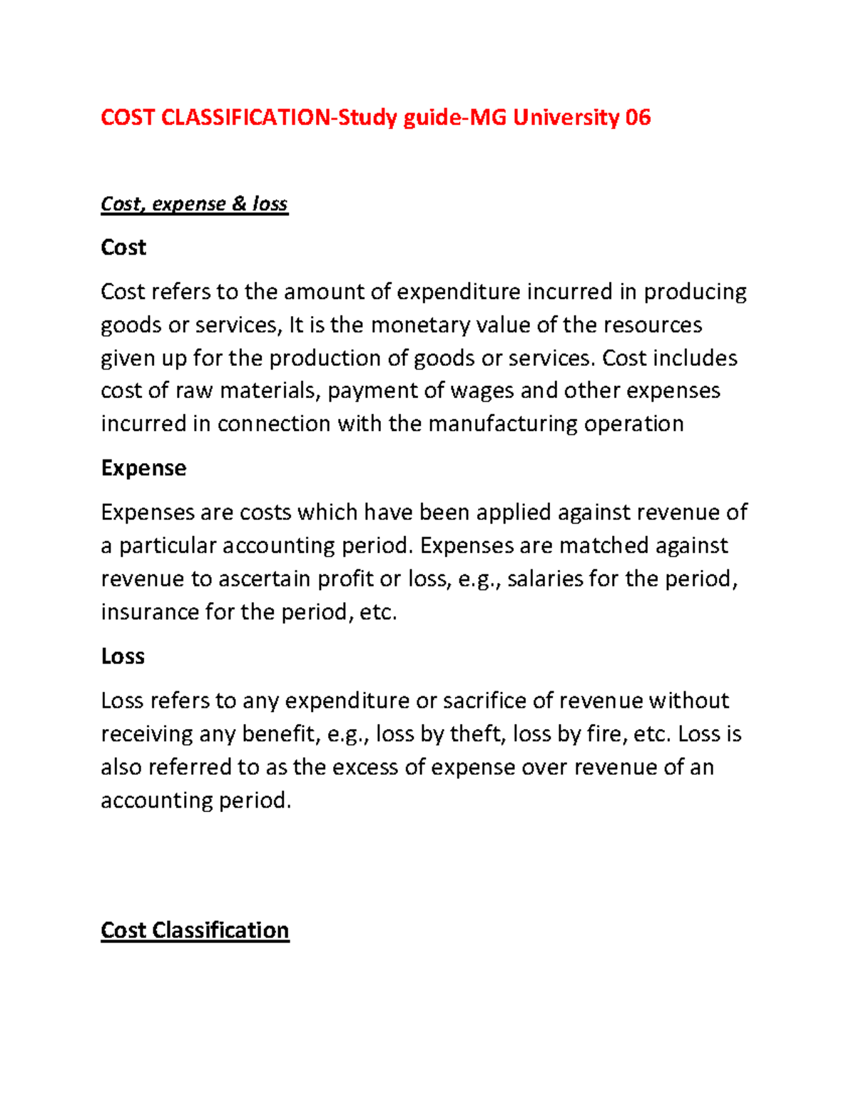 Cost Classification-study guide-MG University - COST CLASSIFICATION ...