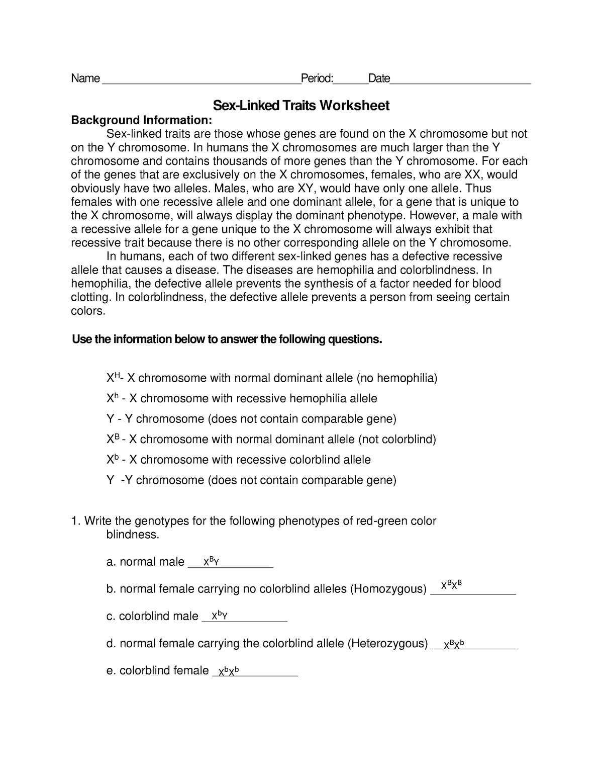 Sex Linked Punnett Squares Worksheet Name Perioddate Sex Linked Traits 3632