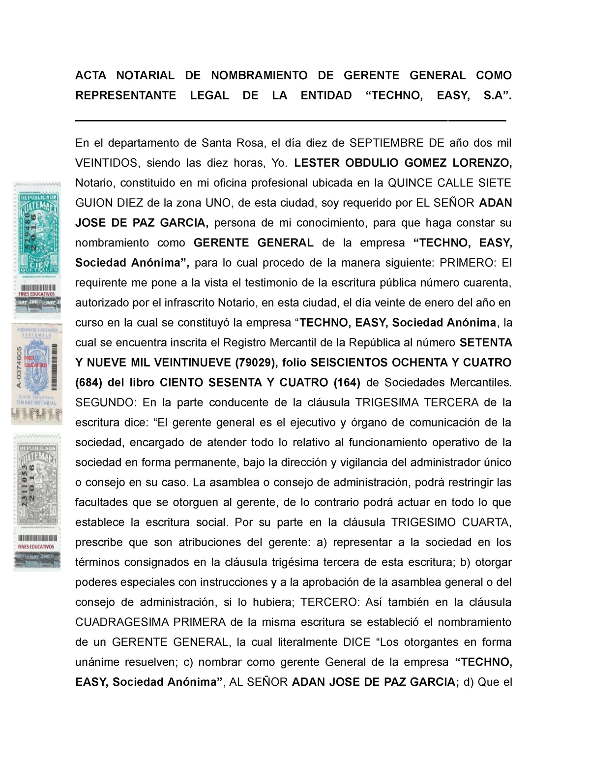 Acta Notarial De Nombramiento De Gerente General Como Representante