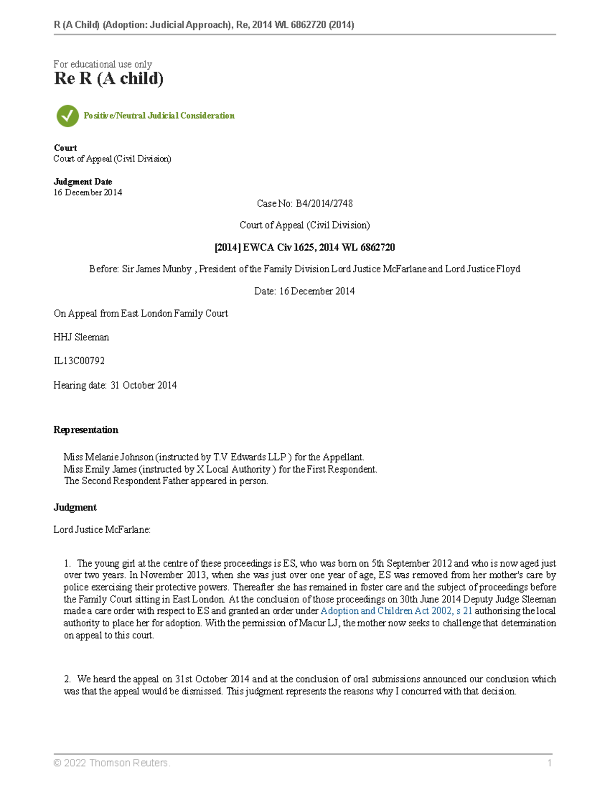 R (A Child) (Adoption Judicial Approach) Re - For educational use only ...