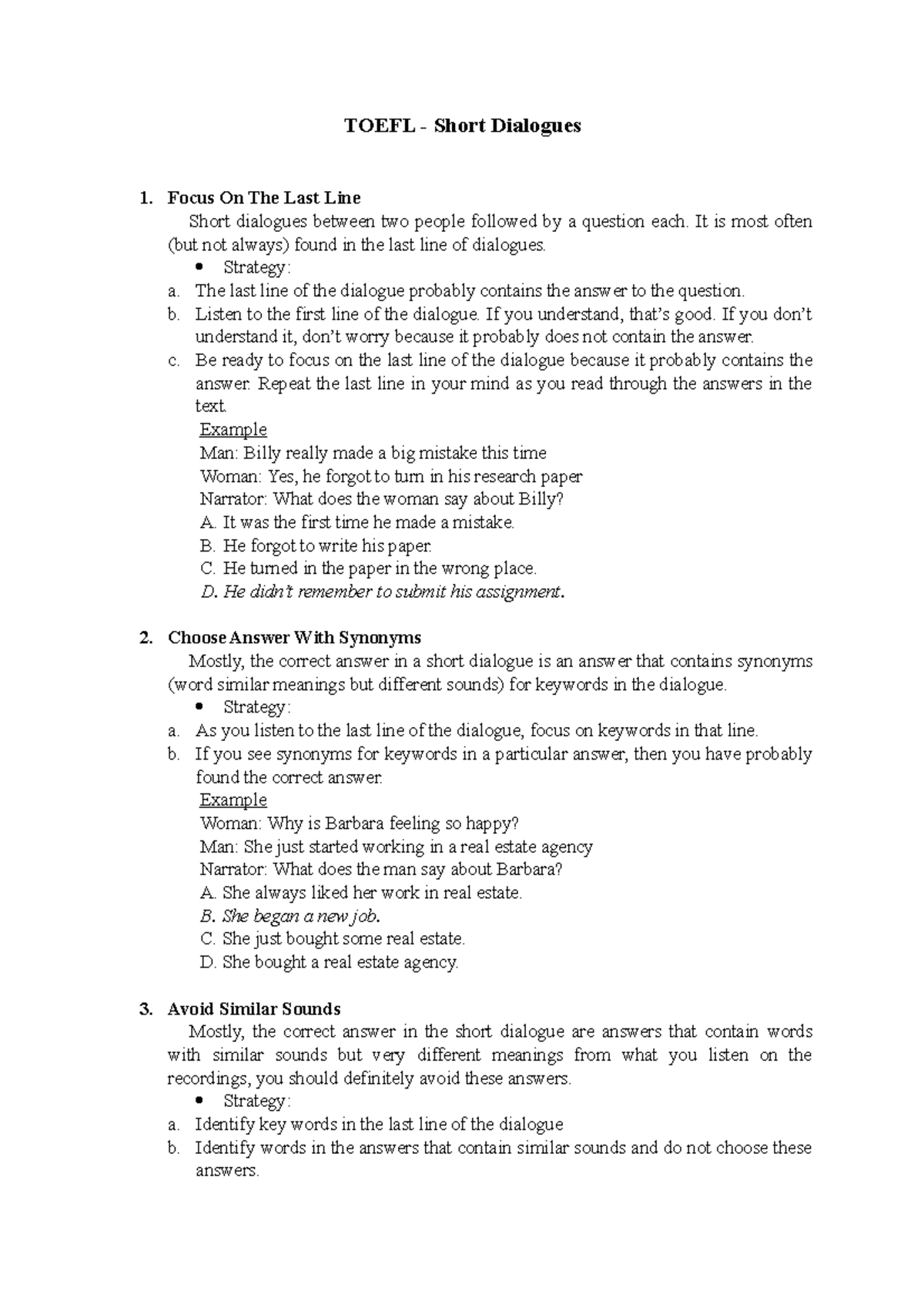 Toefl Short Dialogues TOEFL Short Dialogues 1. Focus On The Last