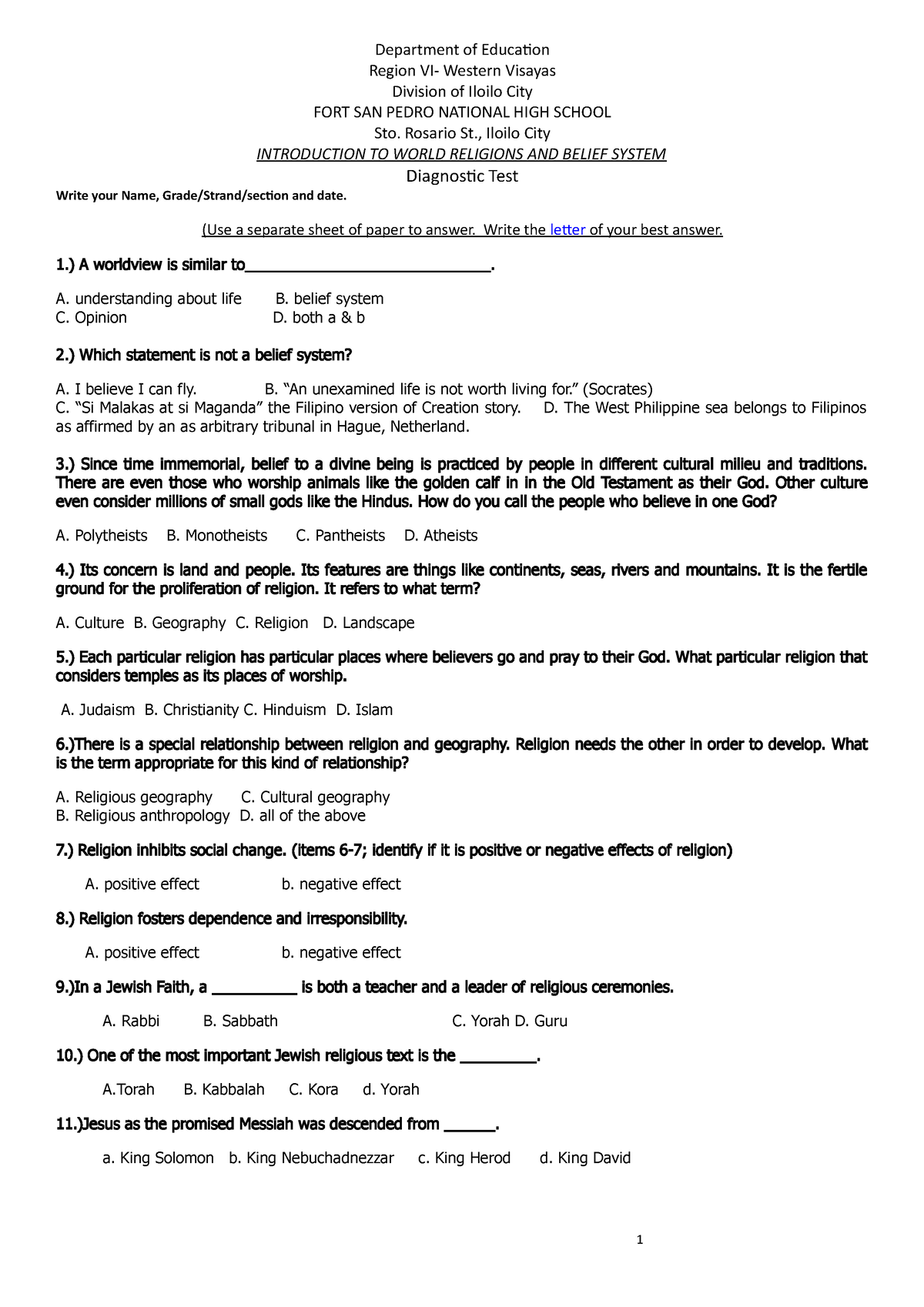 Diagnostic tests for ipening 2022-2023 - Department of Education Region ...