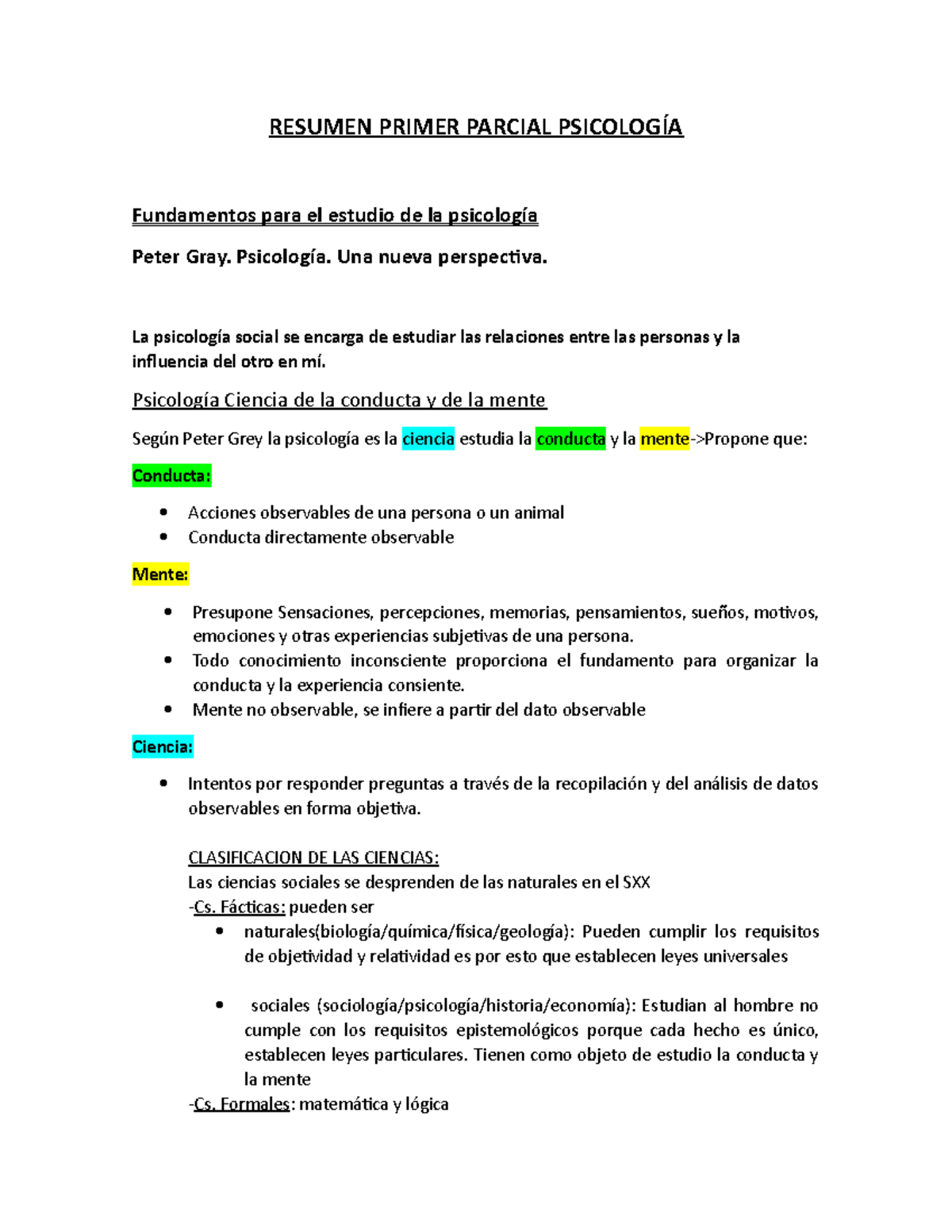 Resumen Primer Parcial PsicologíA - RESUMEN PRIMER PARCIAL PSICOLOGÍA ...