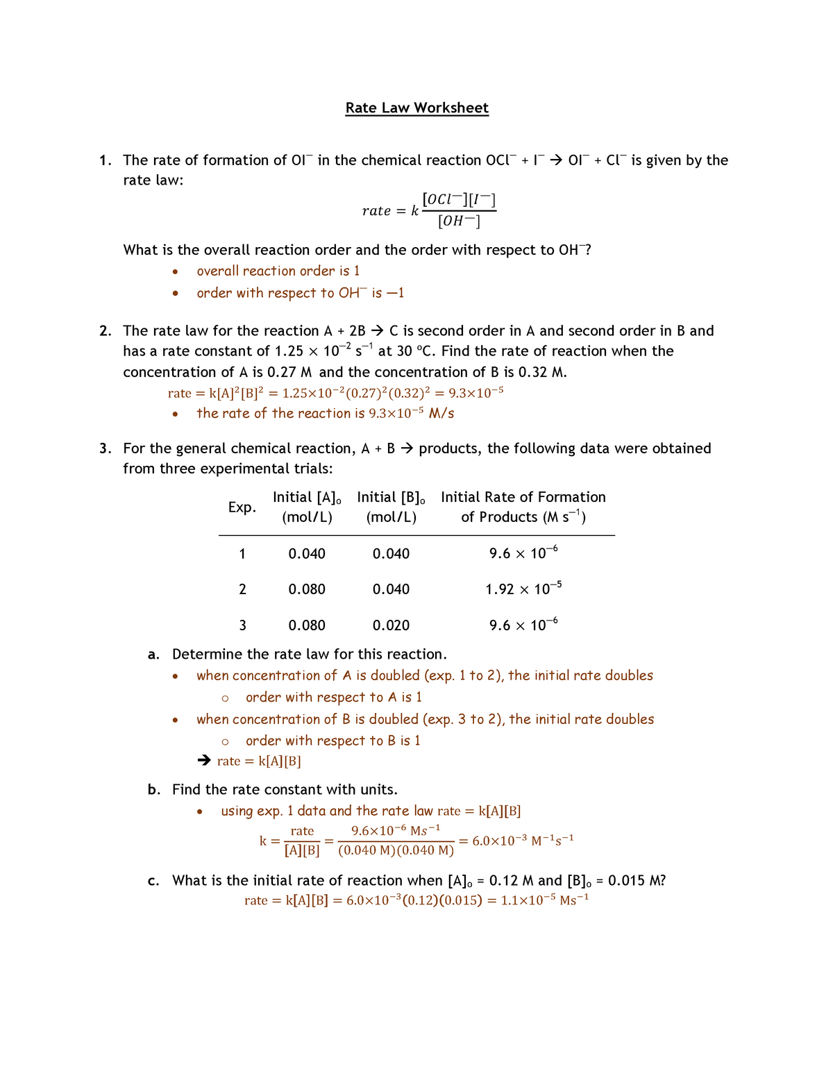 Rate Law Worksheet Answers Rate Law Worksheet 1 The rate of