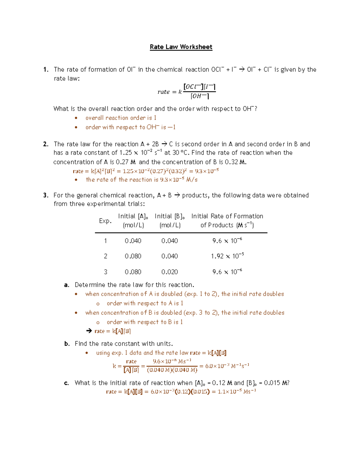 Rate Law Worksheet Answers Rate Law Worksheet 1 The Rate Of 