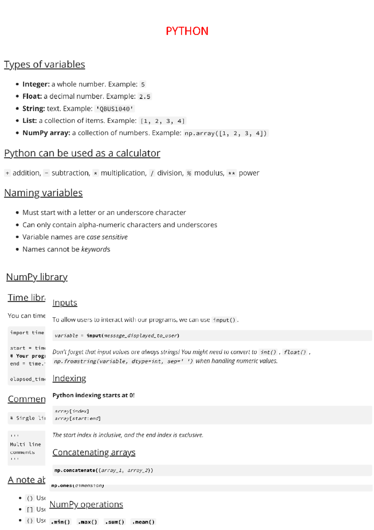 Python summary notes - QBUS1040 - PYTHON - Studocu