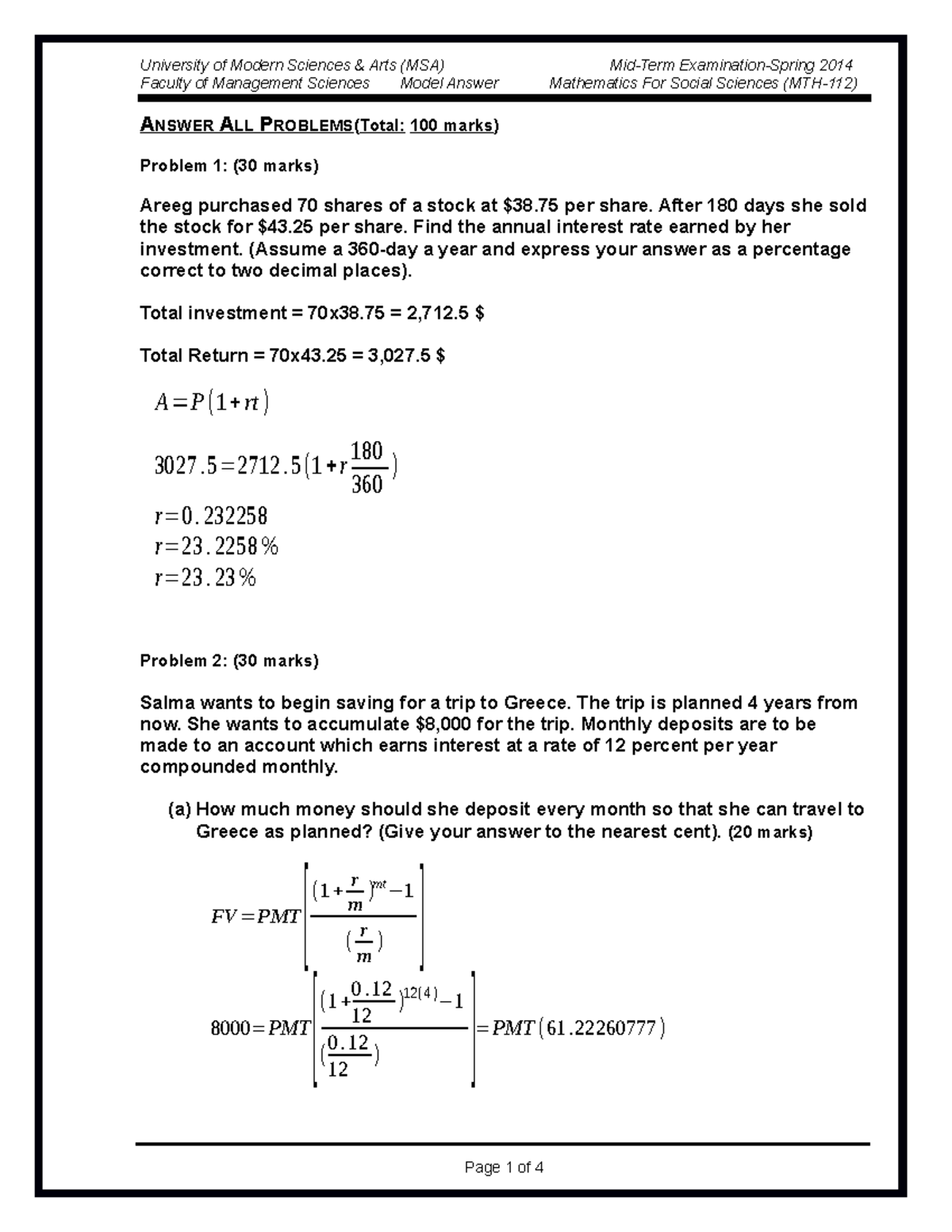 MTH112Model Answer MIDSpring 2014 - Faculty of Management Sciences ...