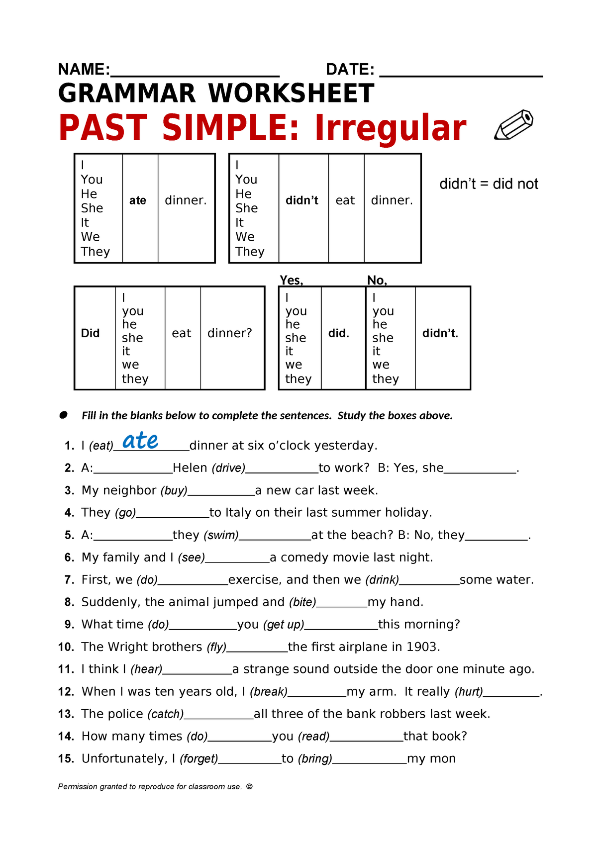 Iregular verbs worksheet - Permission granted to reproduce for ...