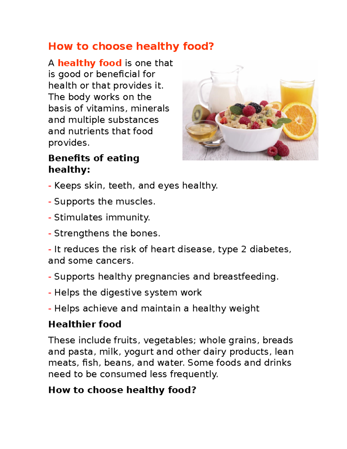 The Healthy food Inglés VI Studocu