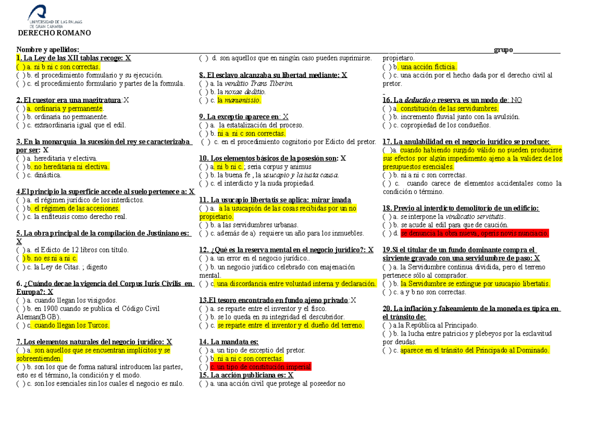 Ejemplo examen tipo test - DERECHO ROMANO Nombre y - Studocu
