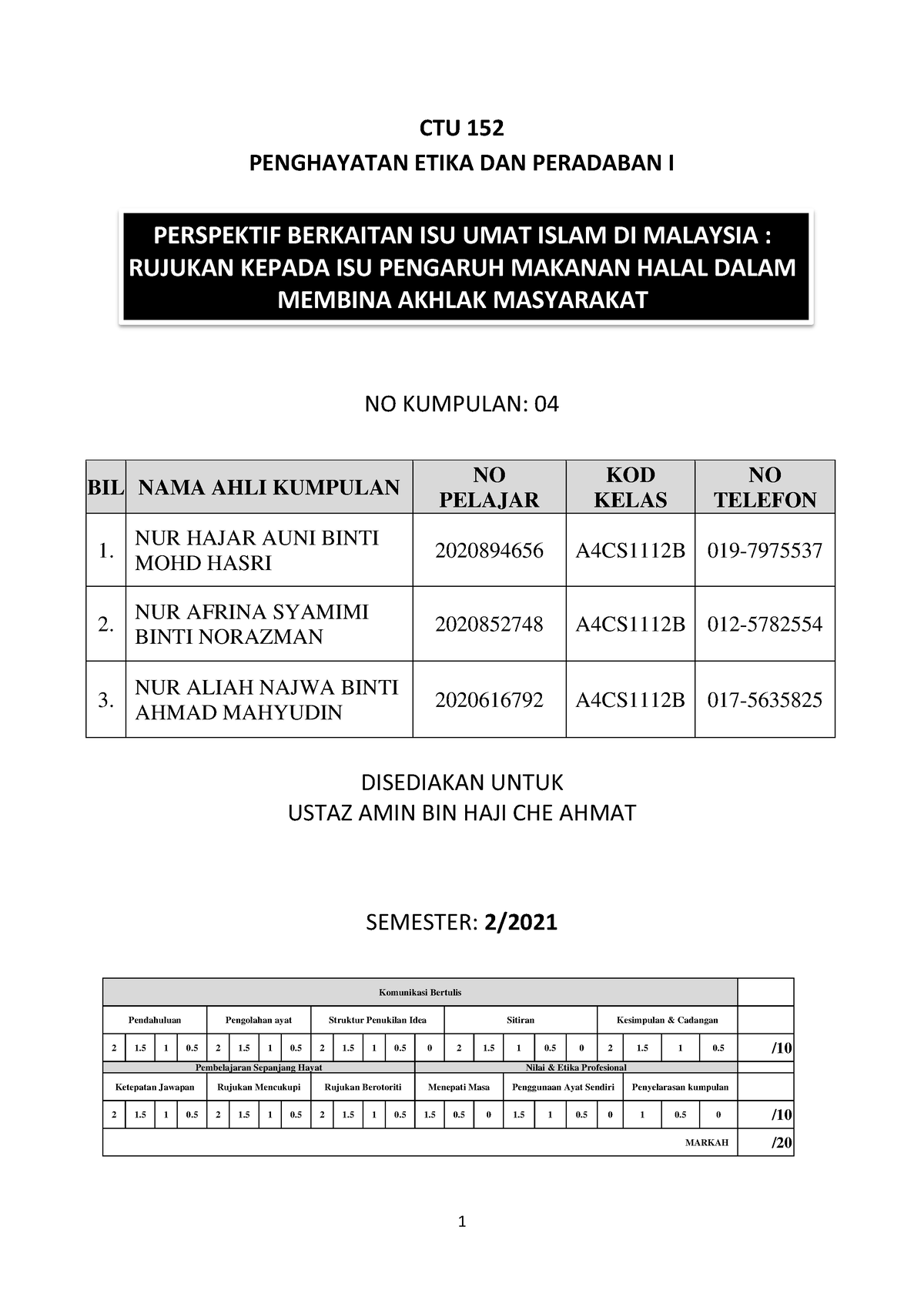 Kertas Kerja CTU152 - CTU 152 PENGHAYATAN ETIKA DAN PERADABAN I NO ...