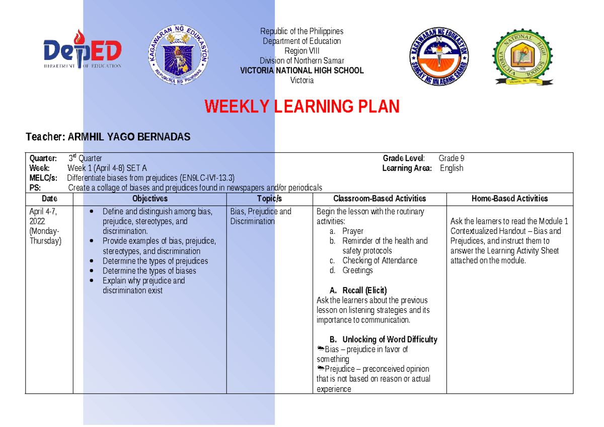 Weekly Learning Plan - Republic of the Philippines Department of ...