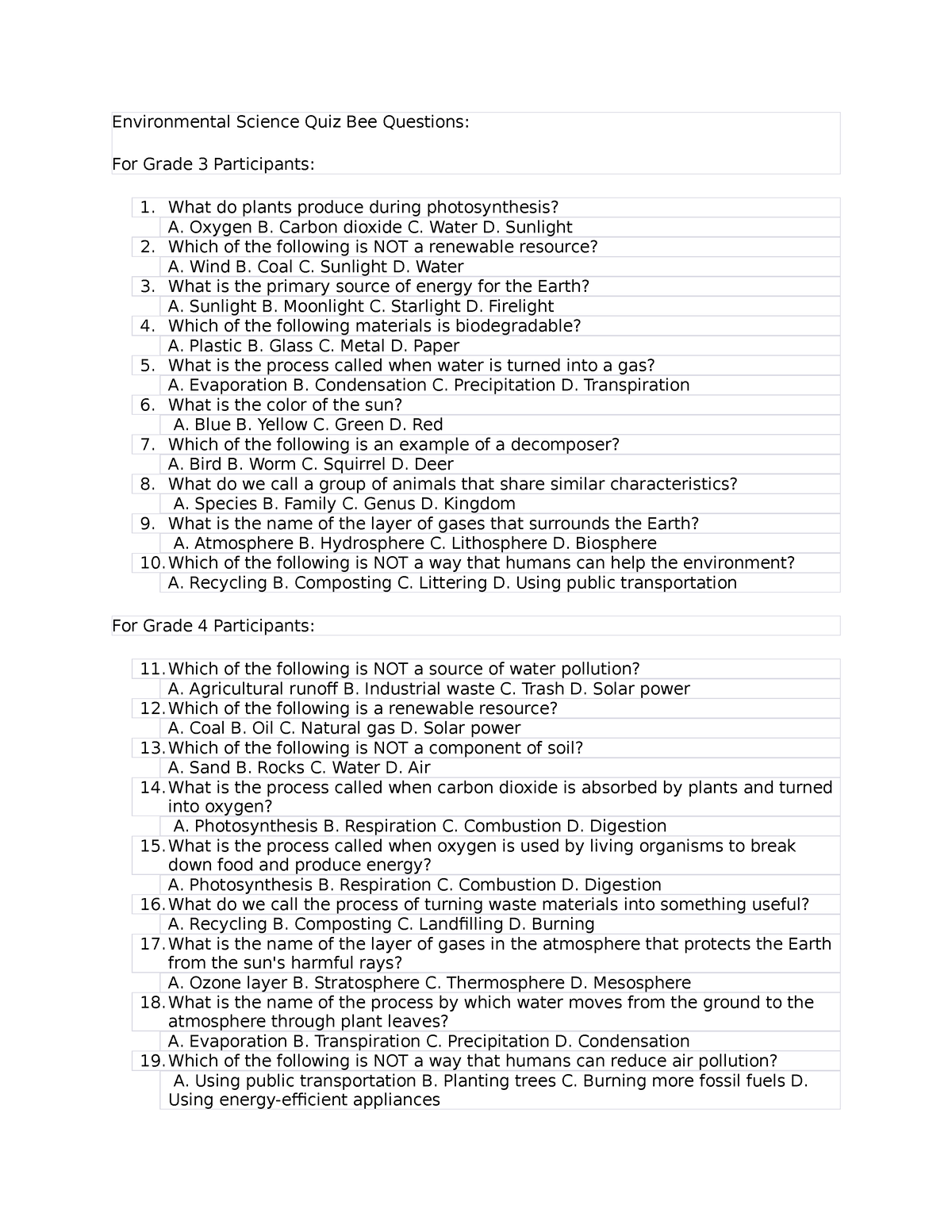 Questionnaire For Environmental Science And Related Issues 