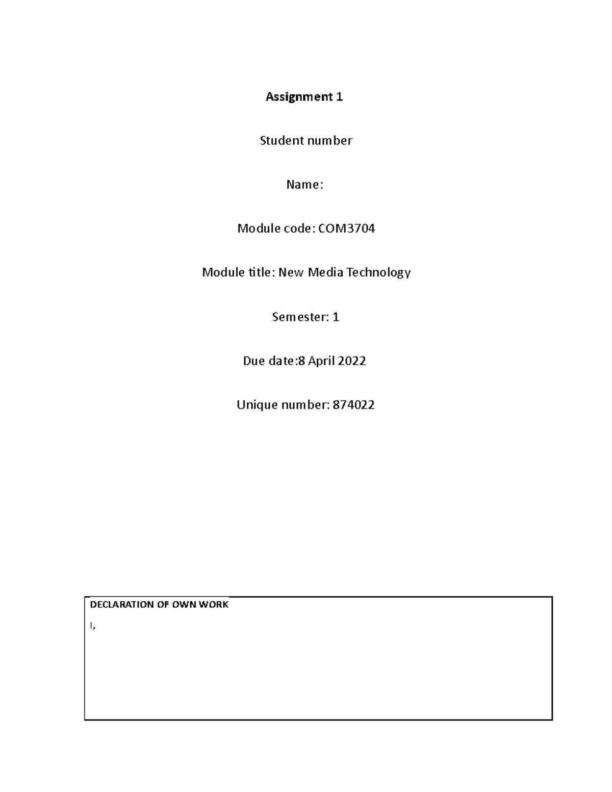 Assignment 1 upload - Assignment 1 Student number Name: Module code ...