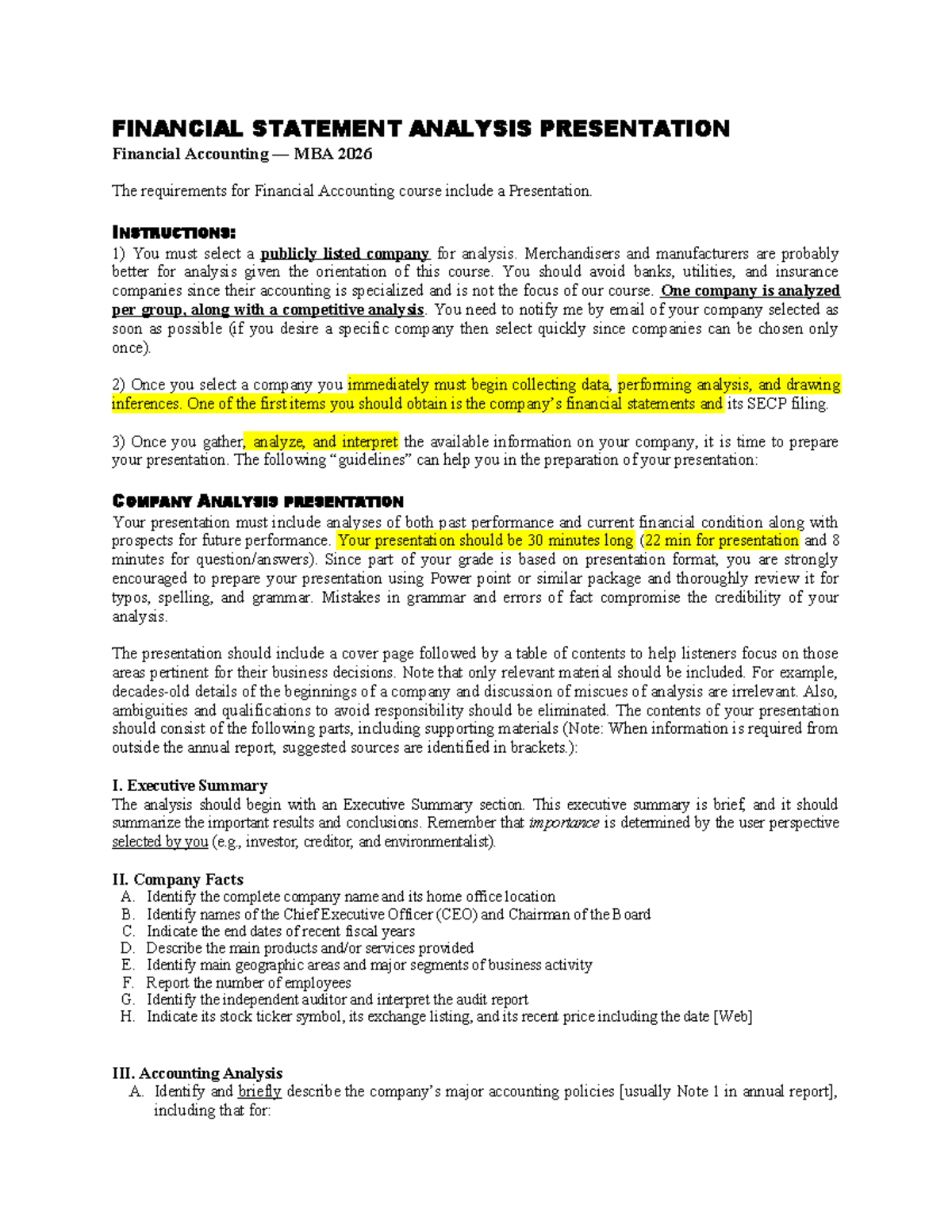 FA Project instructions - FINANCIAL STATEMENT ANALYSIS PRESENTATION ...