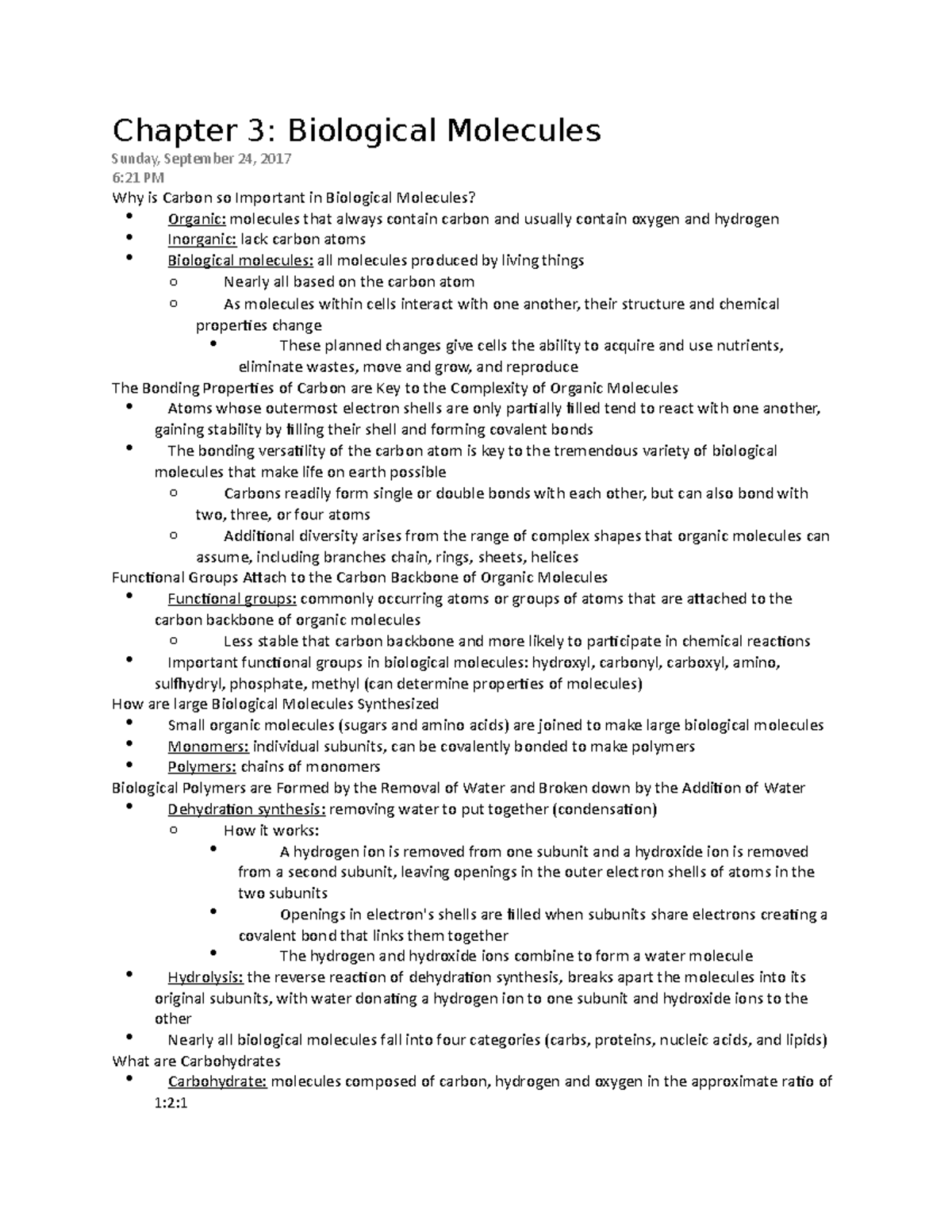 Chapter 3 Biological Molecules - Chapter 3: Biological Molecules Sunday ...