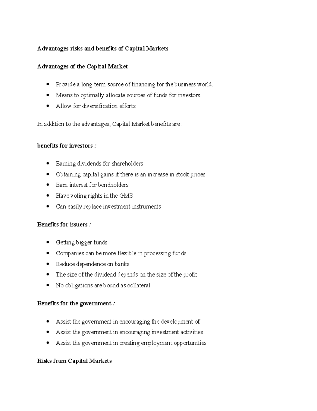 Capital Market Risks And Benefits Advantages Risks And Benefits Of Capital Markets Advantages 
