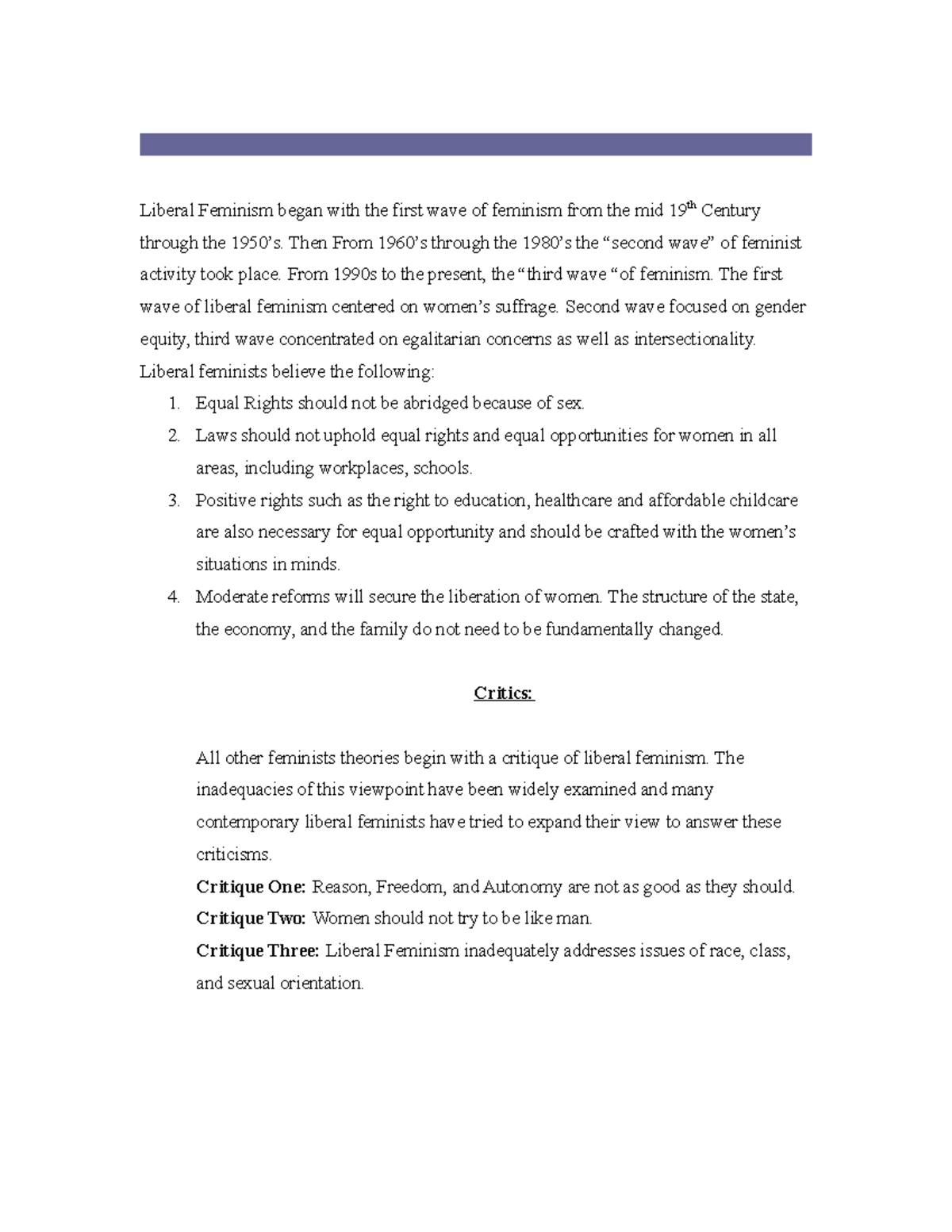 Liberal Feminism-Notes - Liberal Feminism began with the first wave of ...