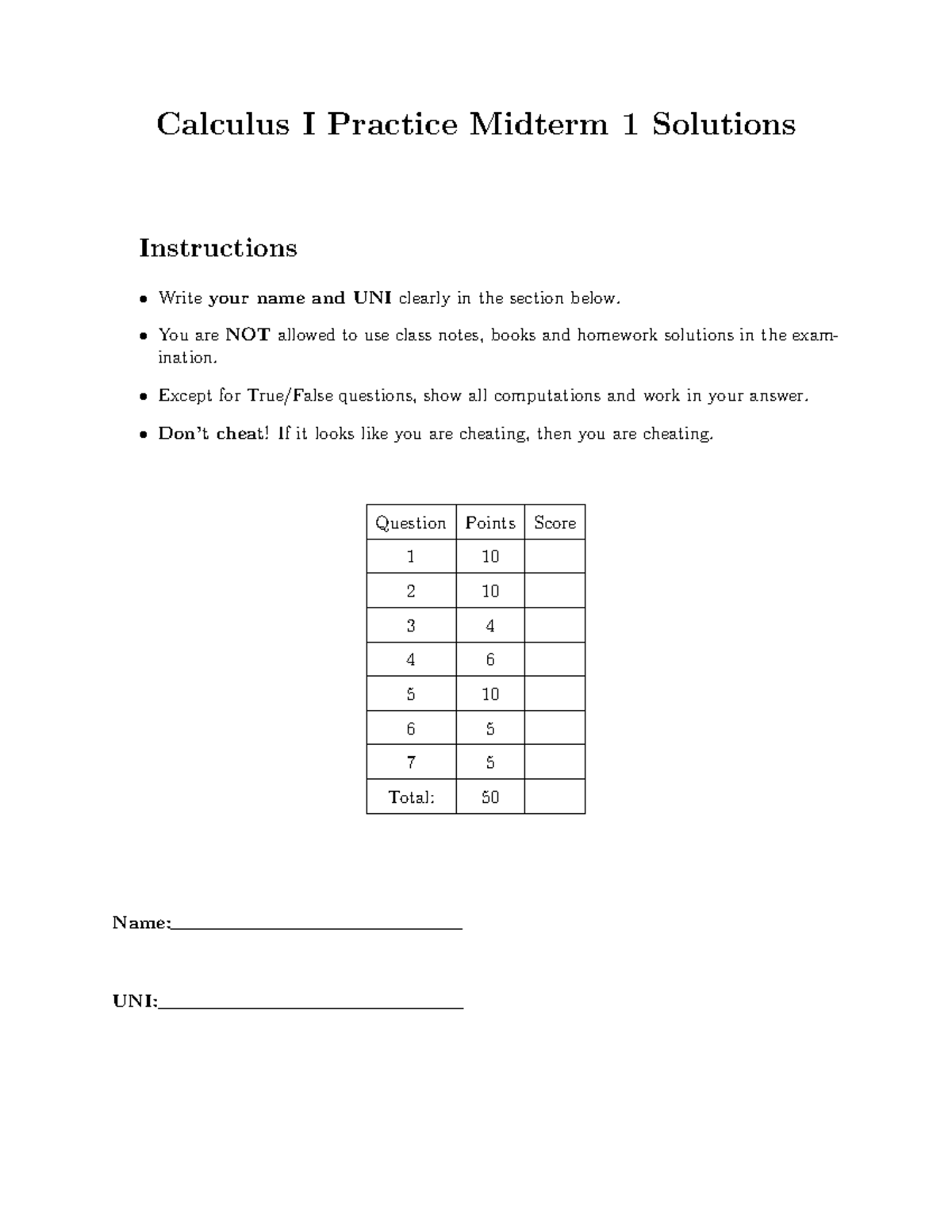 Calc I midterm 1 - cALC - Calculus I Practice Midterm 1 Solutions ...