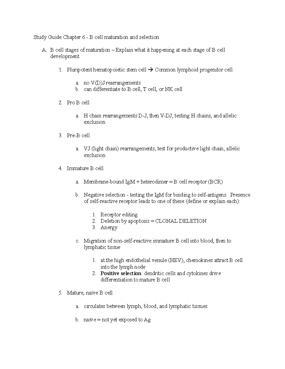 Study Guide Chapter 6 - B cell development 2018 - Study Guide Chapter 6 ...