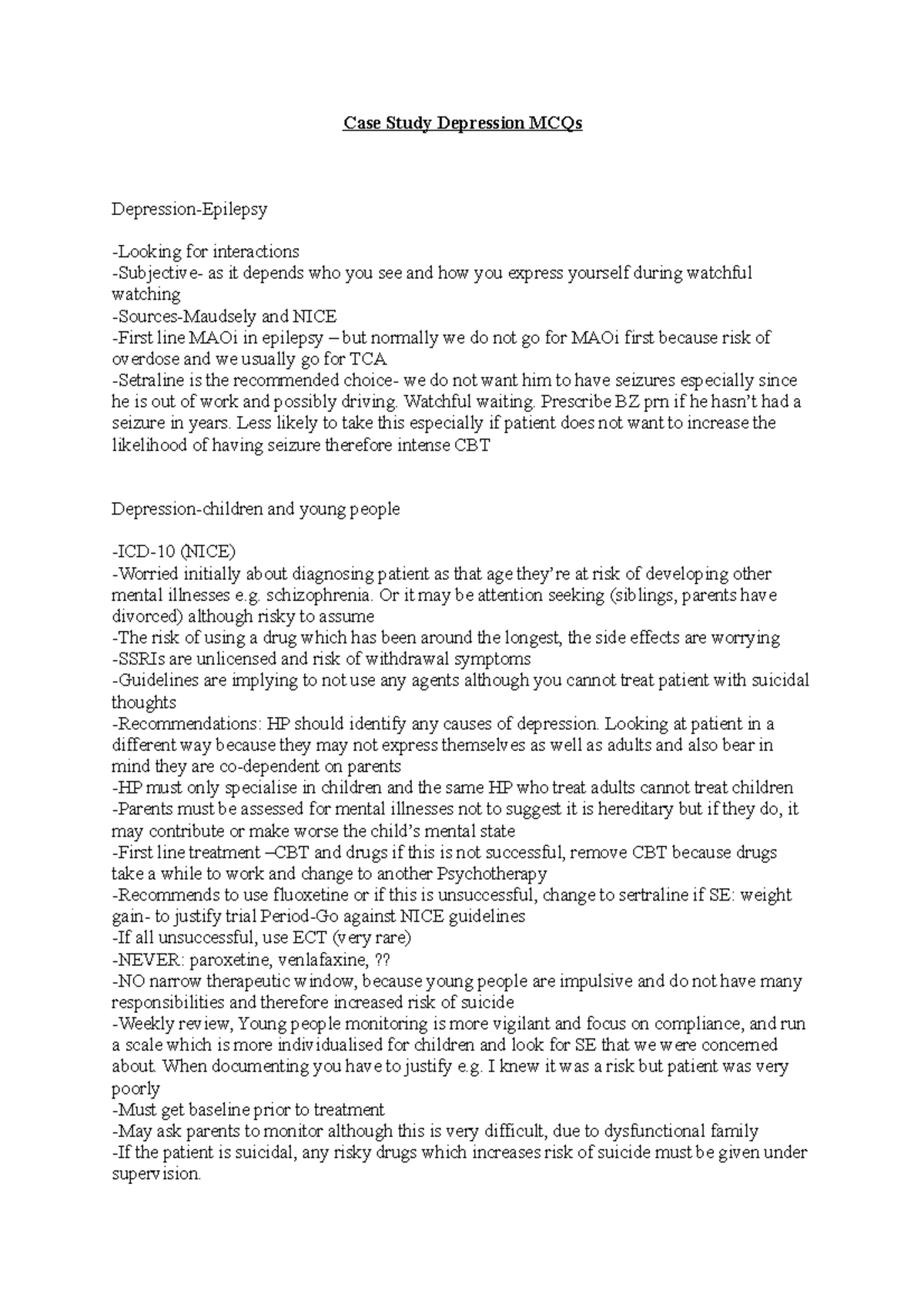 Depression - Summary - Case Study Depression MCQs Depression-Epilepsy ...