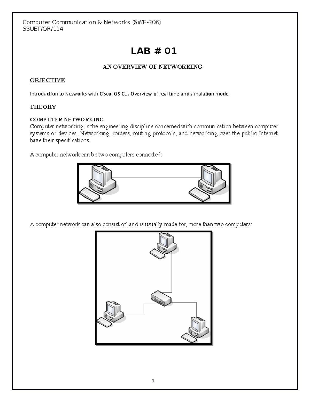 Lab 1 Computer networking labs 1 SSUET/QR/ LAB 01 AN OVERVIEW OF NETWORKING OBJECTIVE