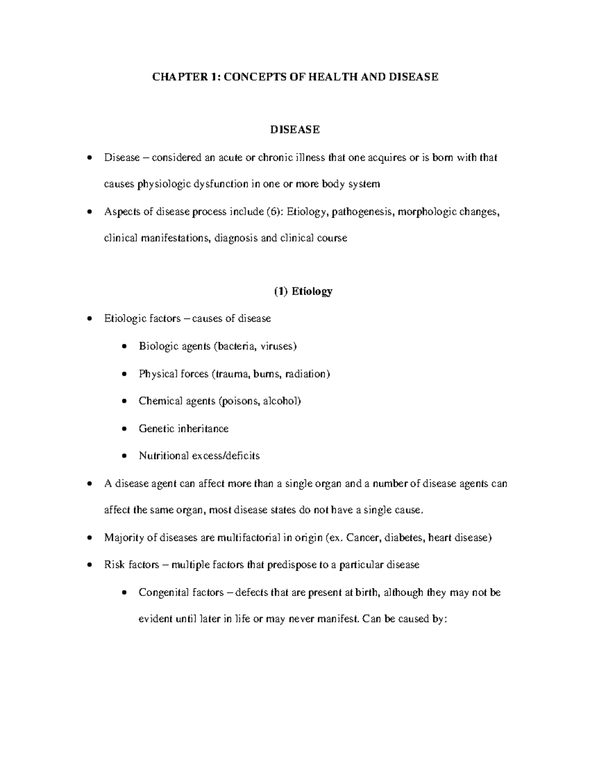 N518 Chapter 1 - CHAPTER 1: CONCEPTS OF HEALTH AND DISEASE DISEASE ...