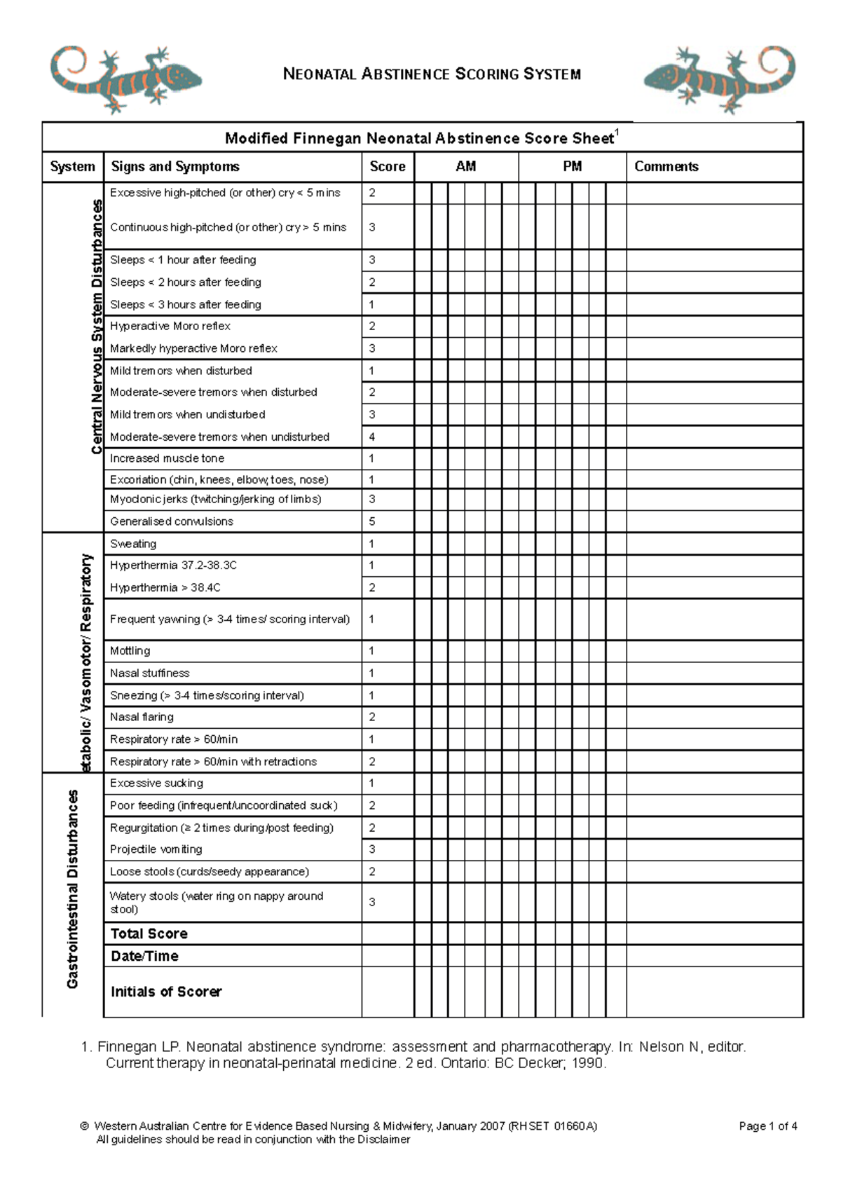 NAS Score Sheet For Clinical Settings NEONATAL ABSTINENCE SCORING