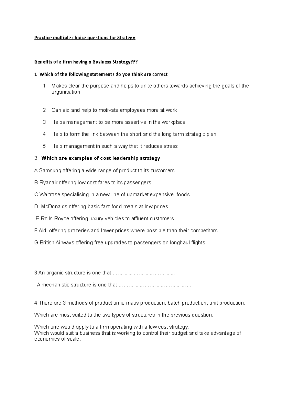Strategy Practice(student) multiple choice questions for Strategy ...